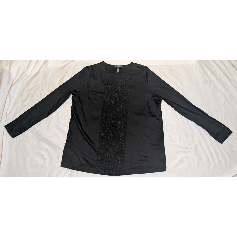 Lauren Ralph Lauren Women's Black Long‎ Sleeve Shirt With Lace Front Size 1X